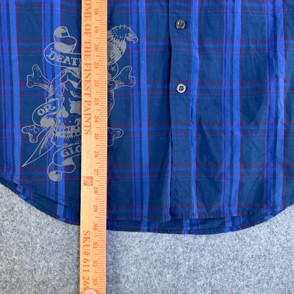 Vintage Y2K Ed Hardy Mens Blue Plaid Born To Win Embroidered Skull Shirt L - Picture 10 of 11